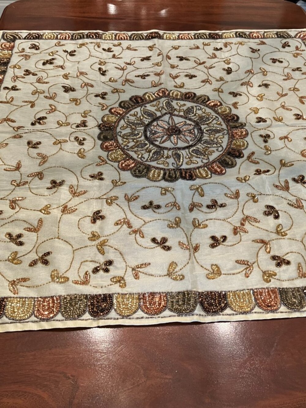 Handcrafted Beaded/Embroidered Table Overlay - Picture 3 of 9
